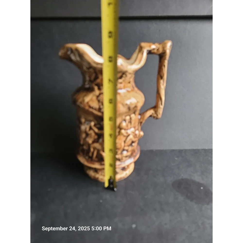 Vintage Ceramic Bacchus Relief Pitcher Figures Dancing‎ Scene Majolica Signed